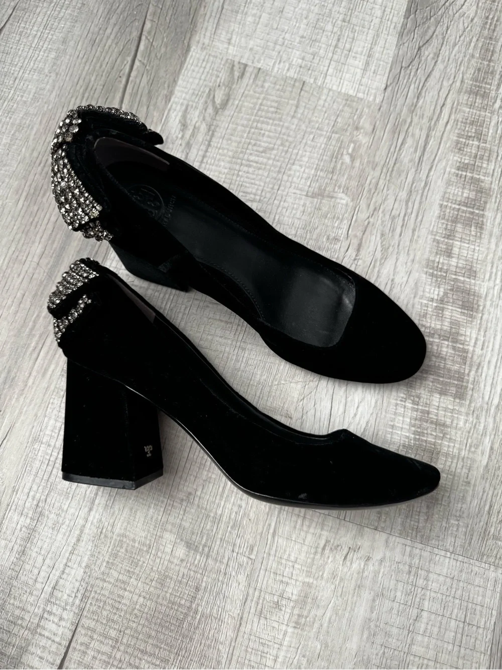 Tory Burch Black Velvet Block Heel Pumps with Crystal Embellishment